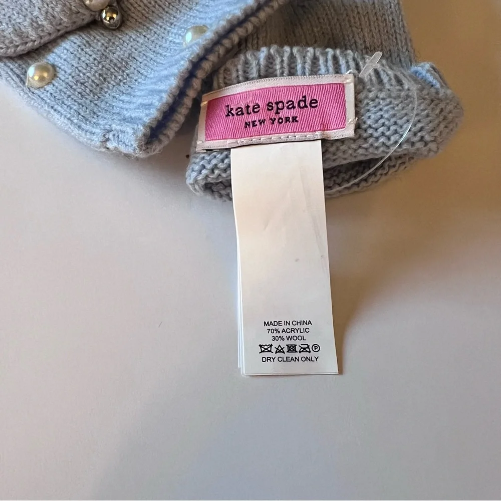 KATE SPADE PEARL EMBELLISHED POP TOP WOOL/ACRYLIC FINGERLESS GLOVES BLUE FOG NWO